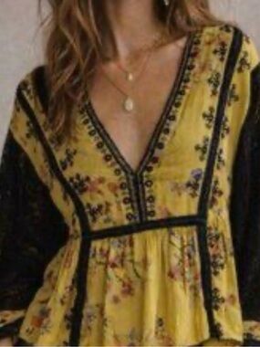 Free People Yellow Floral V-Neck Peasant Blouse with Black Trim